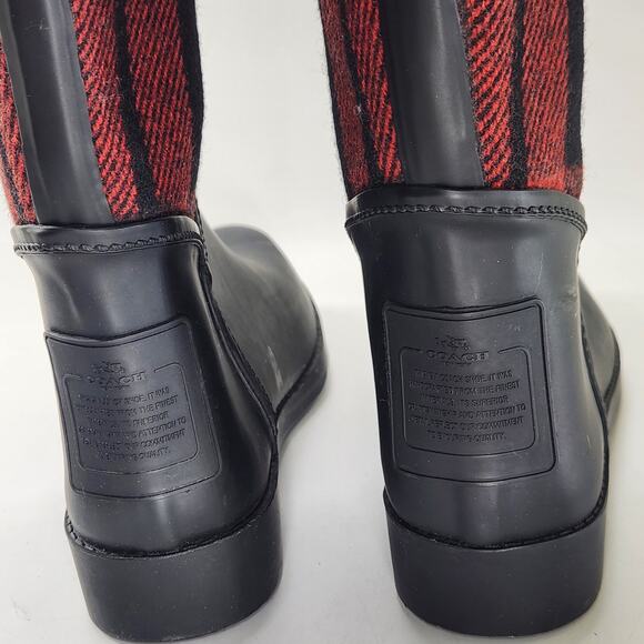 Coach Tristee Rain Boots Red Black Buffalo Plaid 7B Ribbon Back Tie Waterproof - Picture 5 of 9
